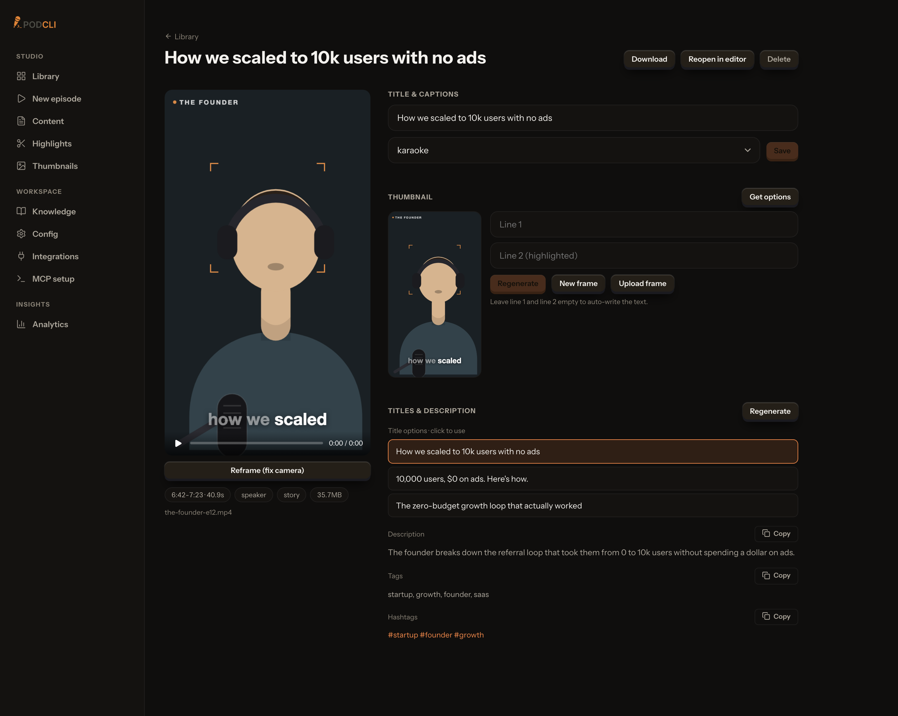 A clip detail page with title options, description, tags, hashtags, and a thumbnail editor.